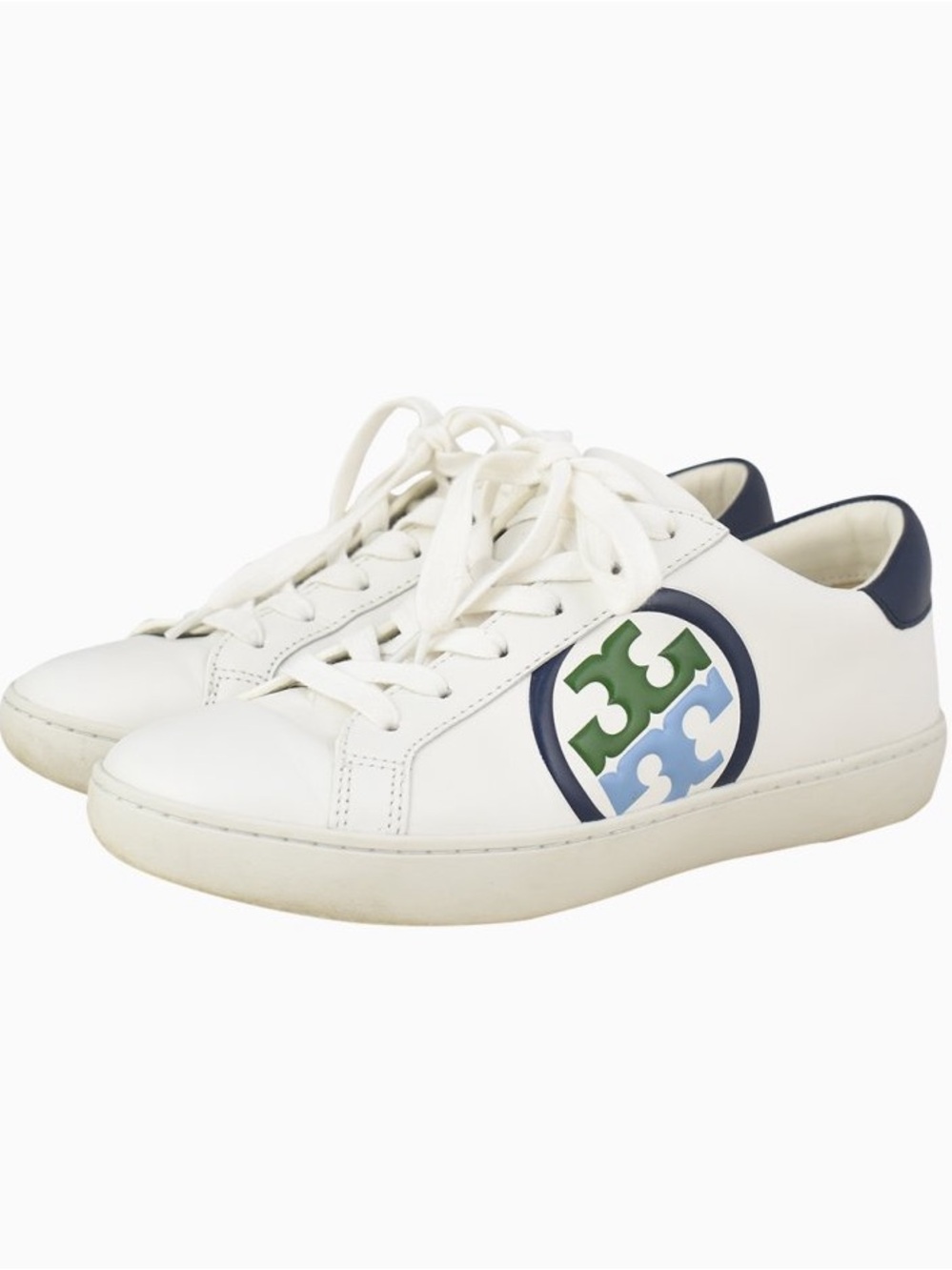 Tory Burch White Leather Sneakers with Navy Trim and Multicolor Logo 6.5